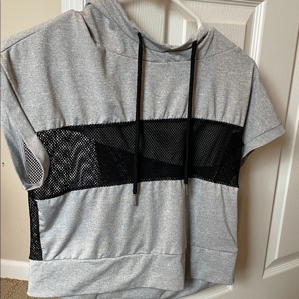 Gray Short-Sleeve Hoodie with Black Mesh Accent